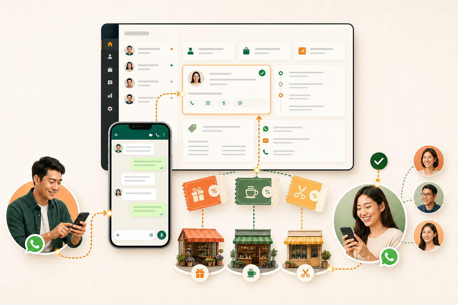 A salesperson messages an AI assistant on WhatsApp while a CRM remembers their clients and local shops provide vouchers for those clients